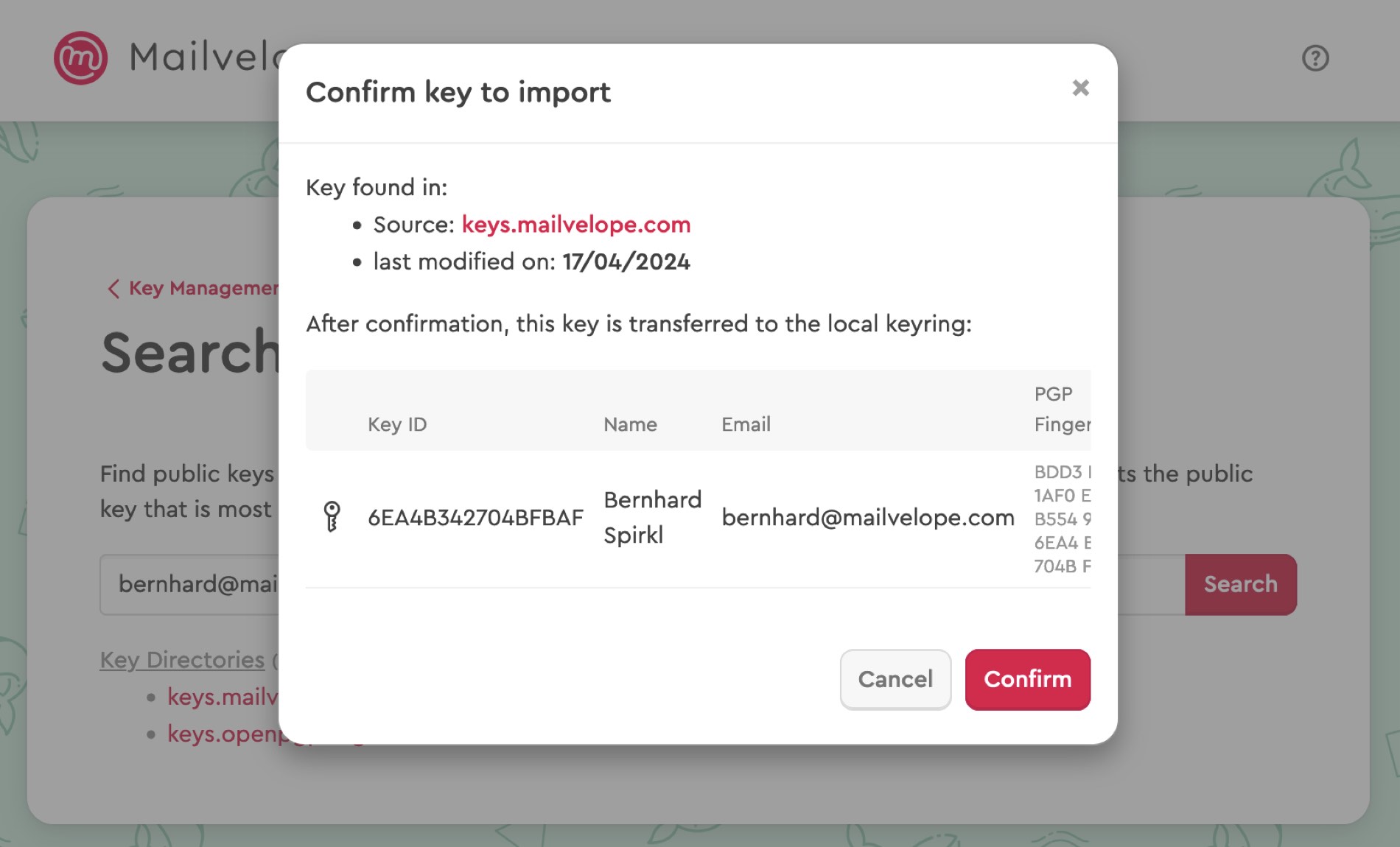 Mailvelope asks for confirmation to import a found key