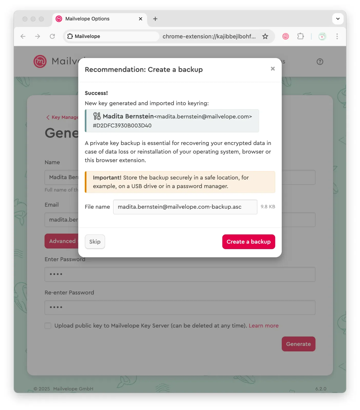 Mailvelope suggests a backup of new keys
