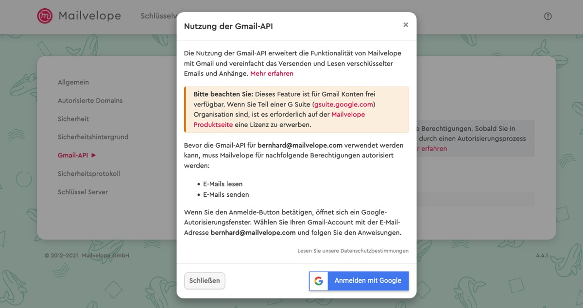 Gmail API: Zugangsdialog von Mailvelope