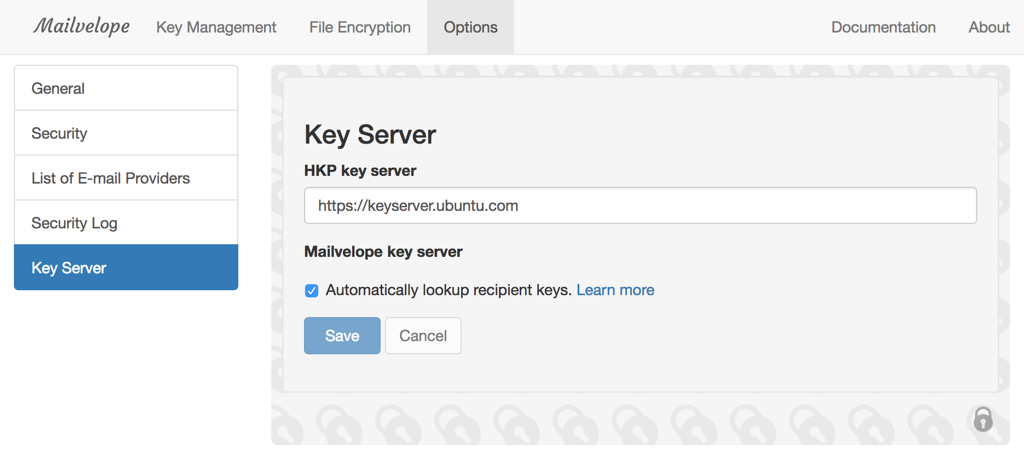 Mailvelope screenshot with key server settings