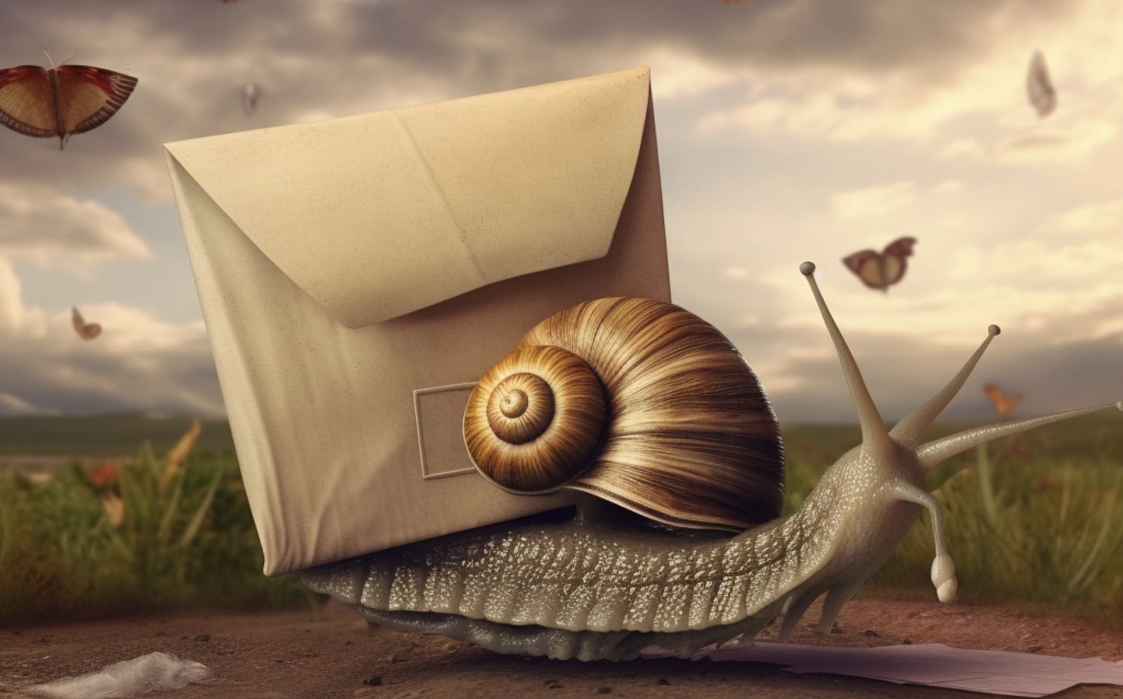 Snail mail, an AI generated image of a snail carrying an envelope