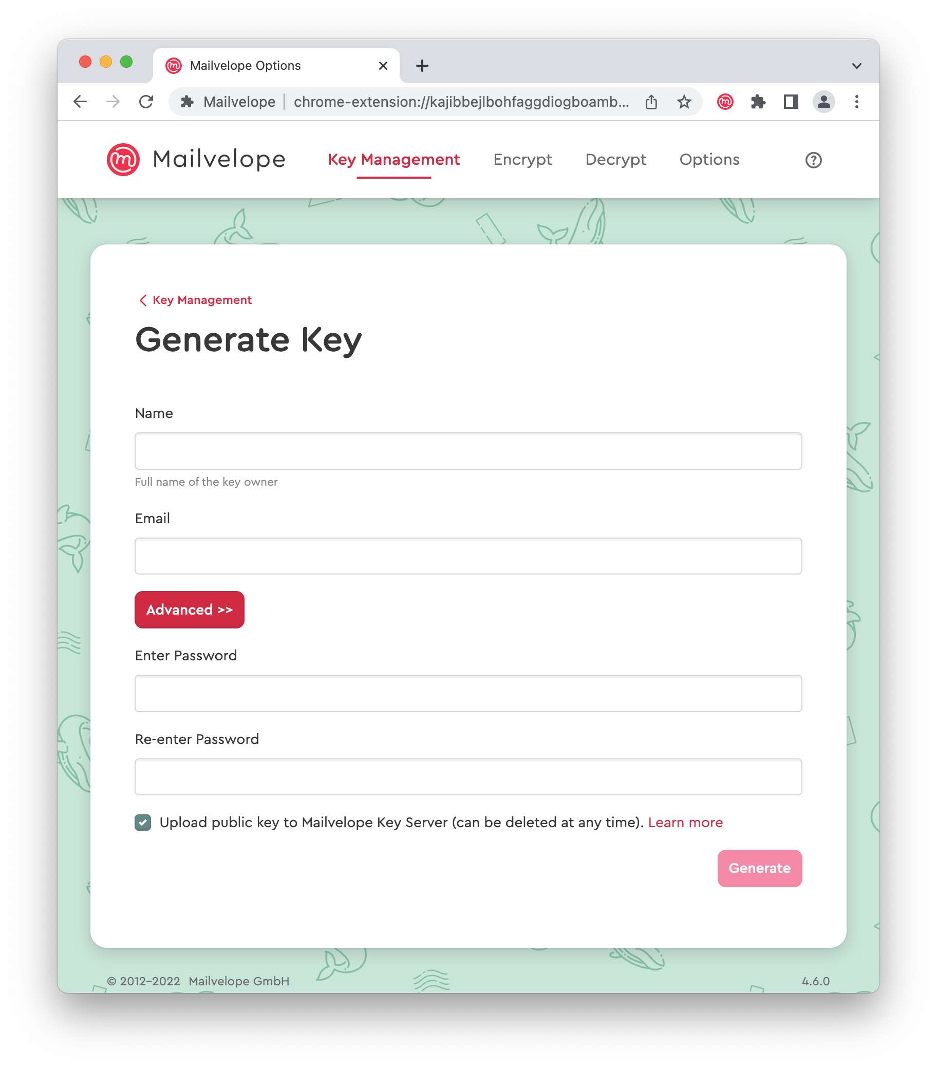 Pantalla de entrada de Mailvelope para generar una nueva clave