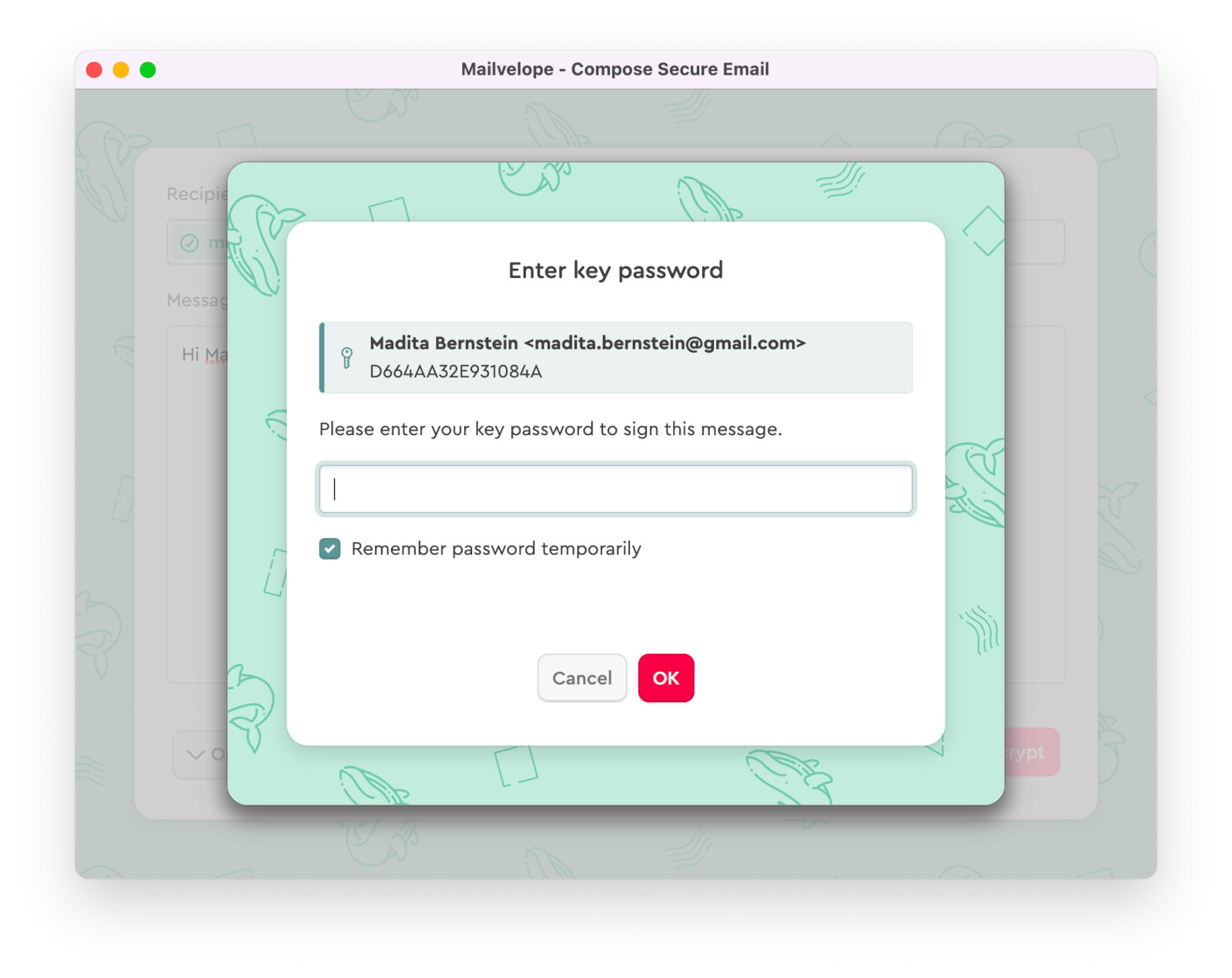 Mailvelope solicita la contraseña para firmar el mensaje encriptado en Outlook.com