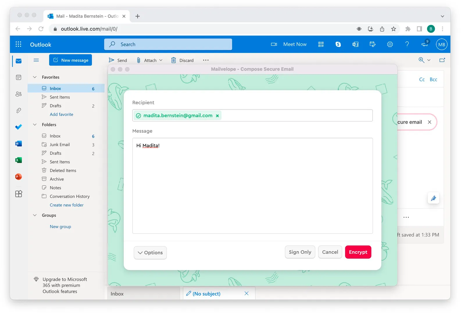Mailvelope-Editor schwebt auf der Outlook.com-Oberfläche