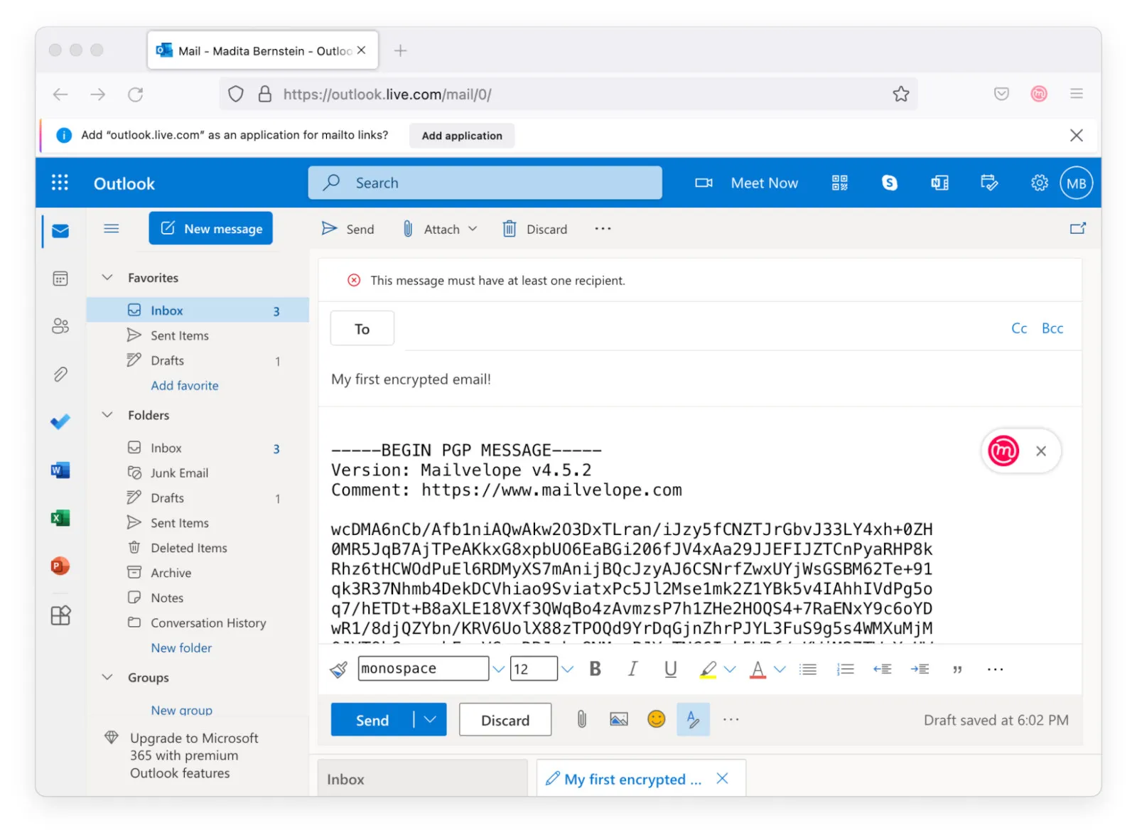 Mailvelope sendet eine verschlüsselte Nachricht an den Outlook.com-Editor